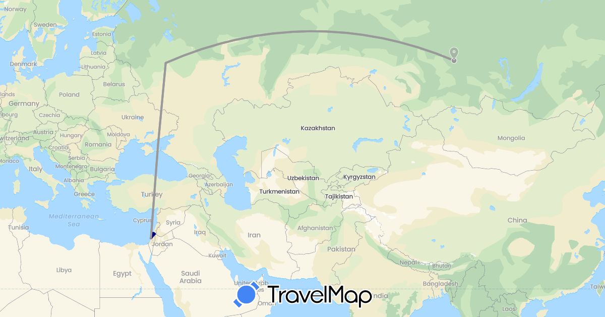 TravelMap itinerary: driving, plane in Israel, Russia (Asia, Europe)