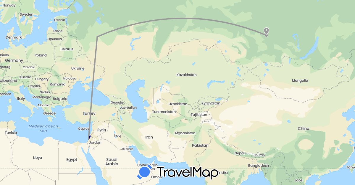 TravelMap itinerary: driving, plane, train in Israel, Russia (Asia, Europe)
