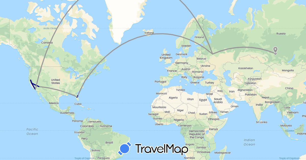TravelMap itinerary: driving, plane, train in Russia, United States (Europe, North America)